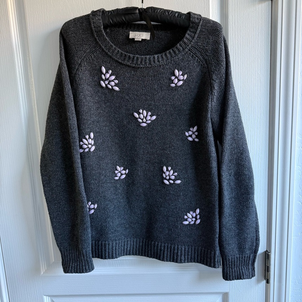 Loft Charcoal Gray Crewneck Sweater With Lavender Bead Embellishments Size S - Picture 3 of 13